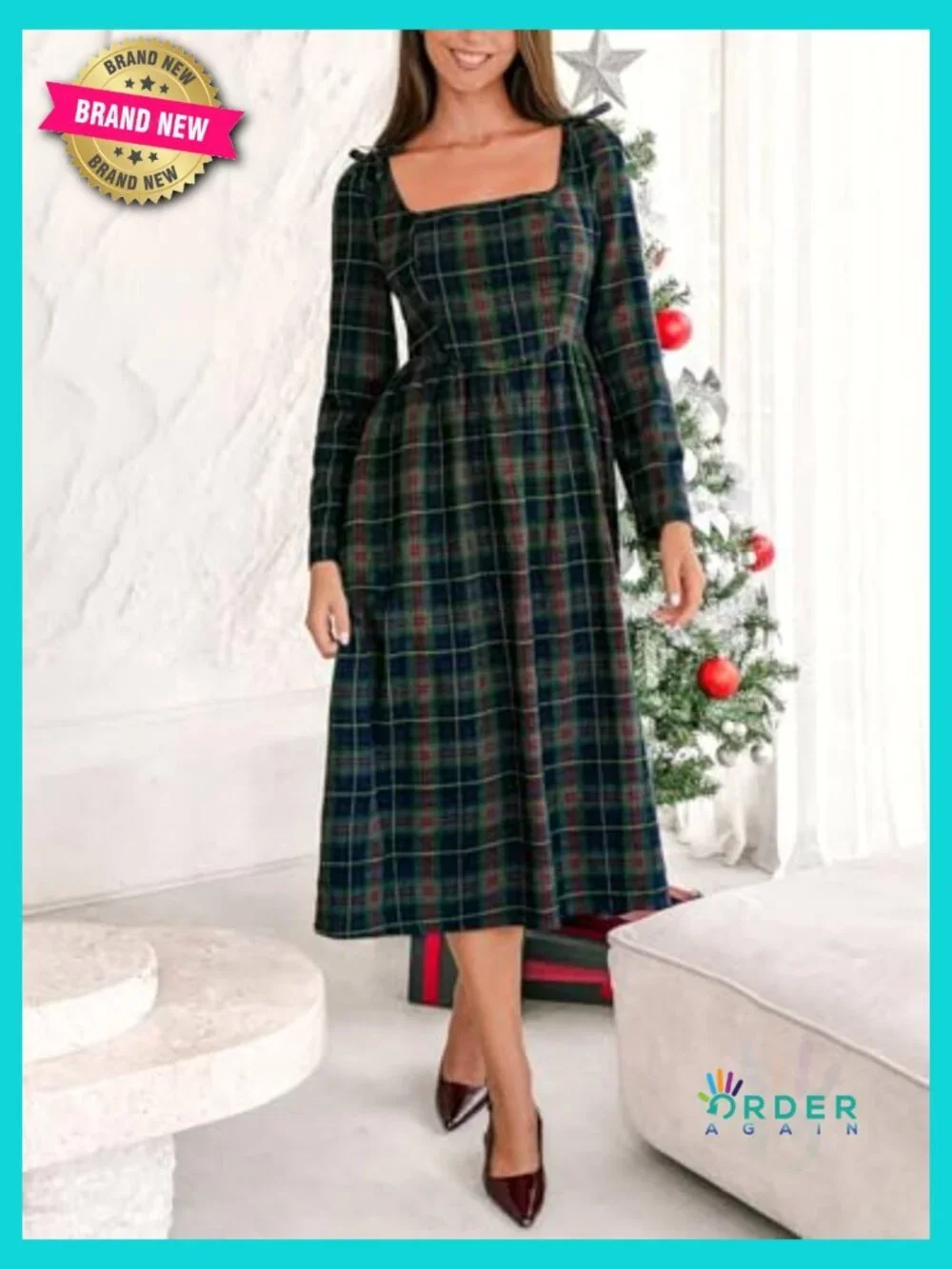 Square Neck Midi Dress Long Sleeve Smocked Waist Bow Knots Plaid Pattern Fall